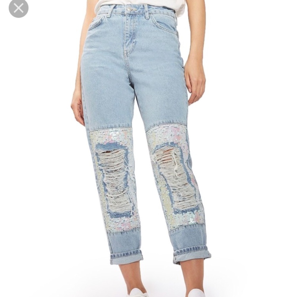 Topshop Moto mom high waist ripped jeans w sequins